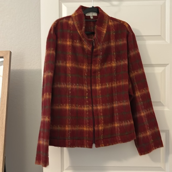 Sasha red fall leaves color wool blend jacket zipper sz 16 funnel neck plaid - Picture 2 of 16